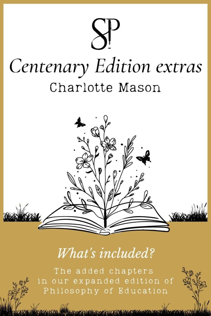 Pinterest image reads "Centenary Edition" extras - Charlotte Mason - what's included? It has a sketch of a book with a plant looking like it's growing out of it, with butterflies around