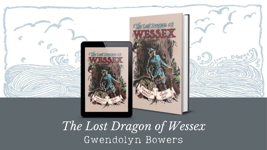 A faint ocean background sits behind a tablet and a hardcover of a book called The Lost Dragon of Wessex. A teen boy and his dog stand before a great tree on the cover.
