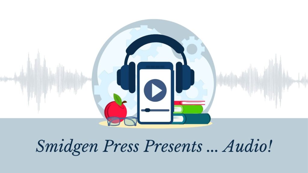 A drawing of a stack of books with an apple and a pair of glasses beside it, and at the front is a phone with a large "PLAY" icon, and headphones over the phone to indicate audio.