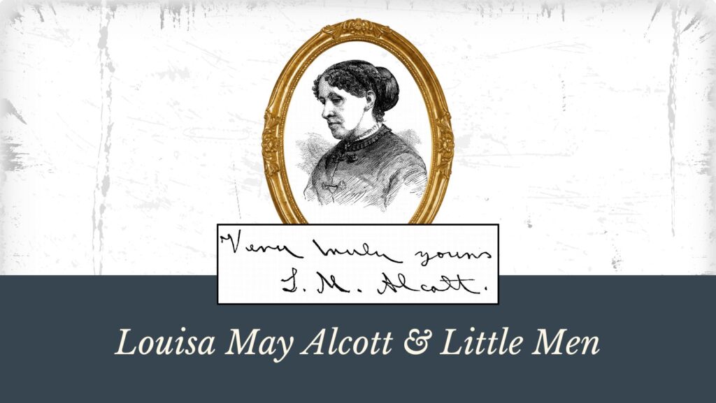 A gold oval frame shines around a pen sketch of Louisa May Alcott, not quite her profile as she looks to the viewers left, face downward as if thoughtful. A small snippet of handwriting says, "Very truly yours, L. M. Alcott."