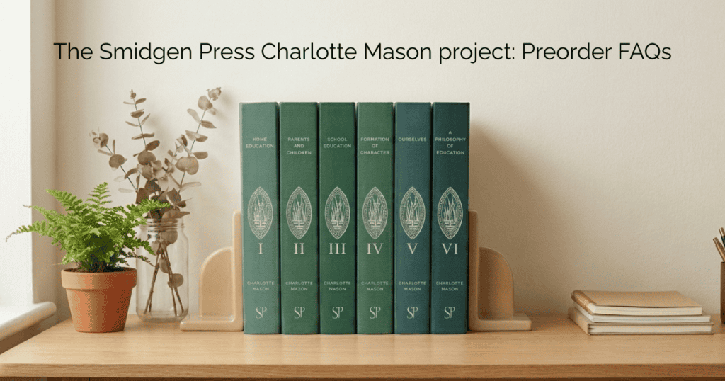 A wooden shelf by a bright window holds a fern and a series of green books, The Home Education Series by Charlotte Mason, reprinted by Smidgen Press