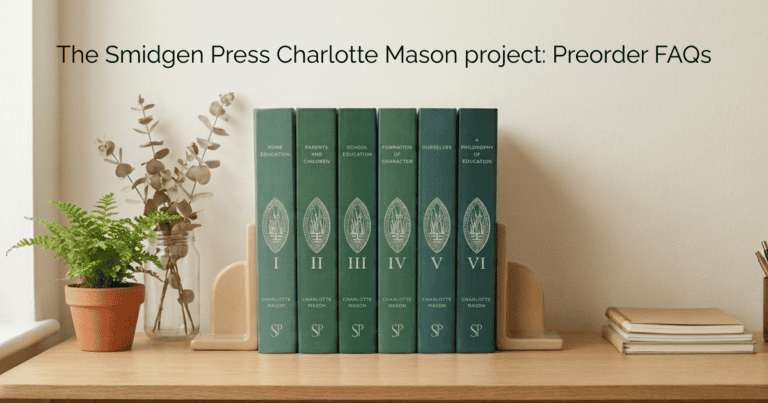 A wooden shelf by a bright window holds a fern and a series of green books, The Home Education Series by Charlotte Mason, reprinted by Smidgen Press
