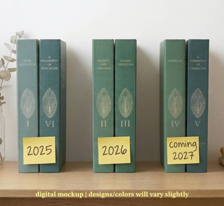 Three pairs of green books in various colors, demonstrating the release schedule of Smidgen Press's Home Education series by Charlotte Mason.