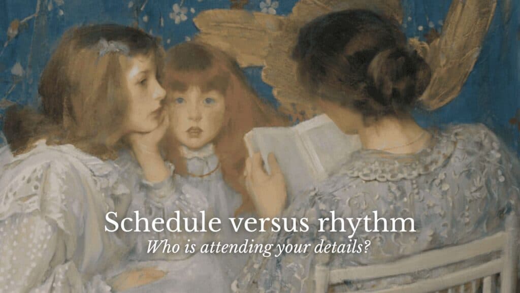 Two girls listen to their mother reading a story to them. The mother's back is to us, her hair in a loose bun, as we look over her shoulder at the book she is holding. All three are dressed in white, evoking a summery day as they sit before a wall with a vivid blue-and-brown world map tapestry.