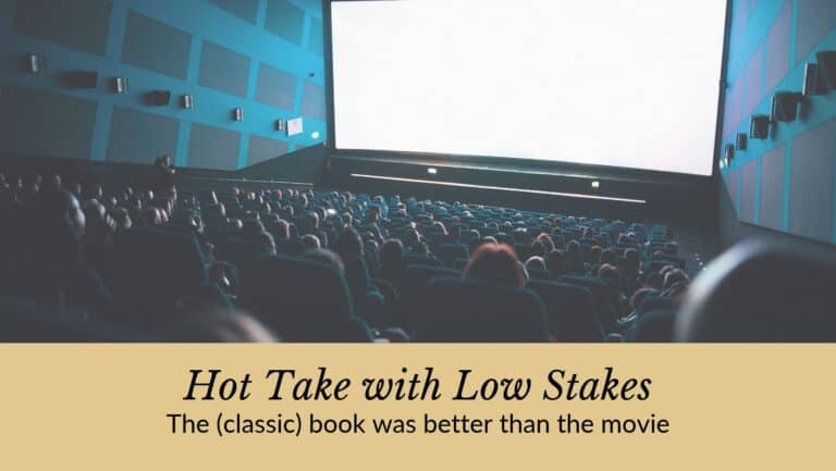 An image of a full movie theatre with a bright screen at the front. The text on the image says Hot take with low stakes: the classic book was better than the movie.
